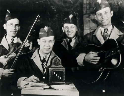 Original Light Crust Doughboys (L-R) Bob Wills, Truett Kimsey (Announer KFJZ), Milton Brown & Herman Arnspiger (Spring 1931) - photo courtesy of Marvin Montgomery